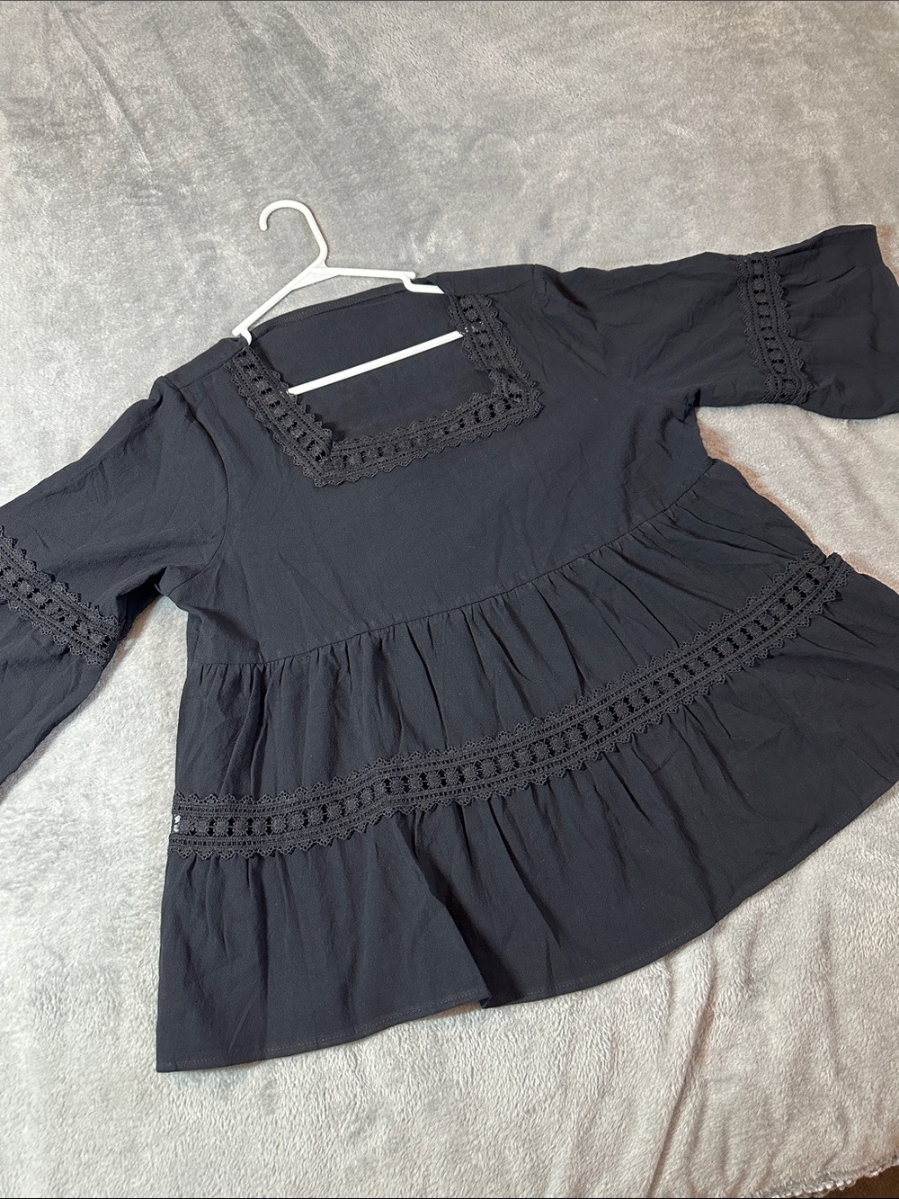 NIP SHEIN Black Women's Crochet Trim Peasant Top SZ XXL Runs Small 🖤
